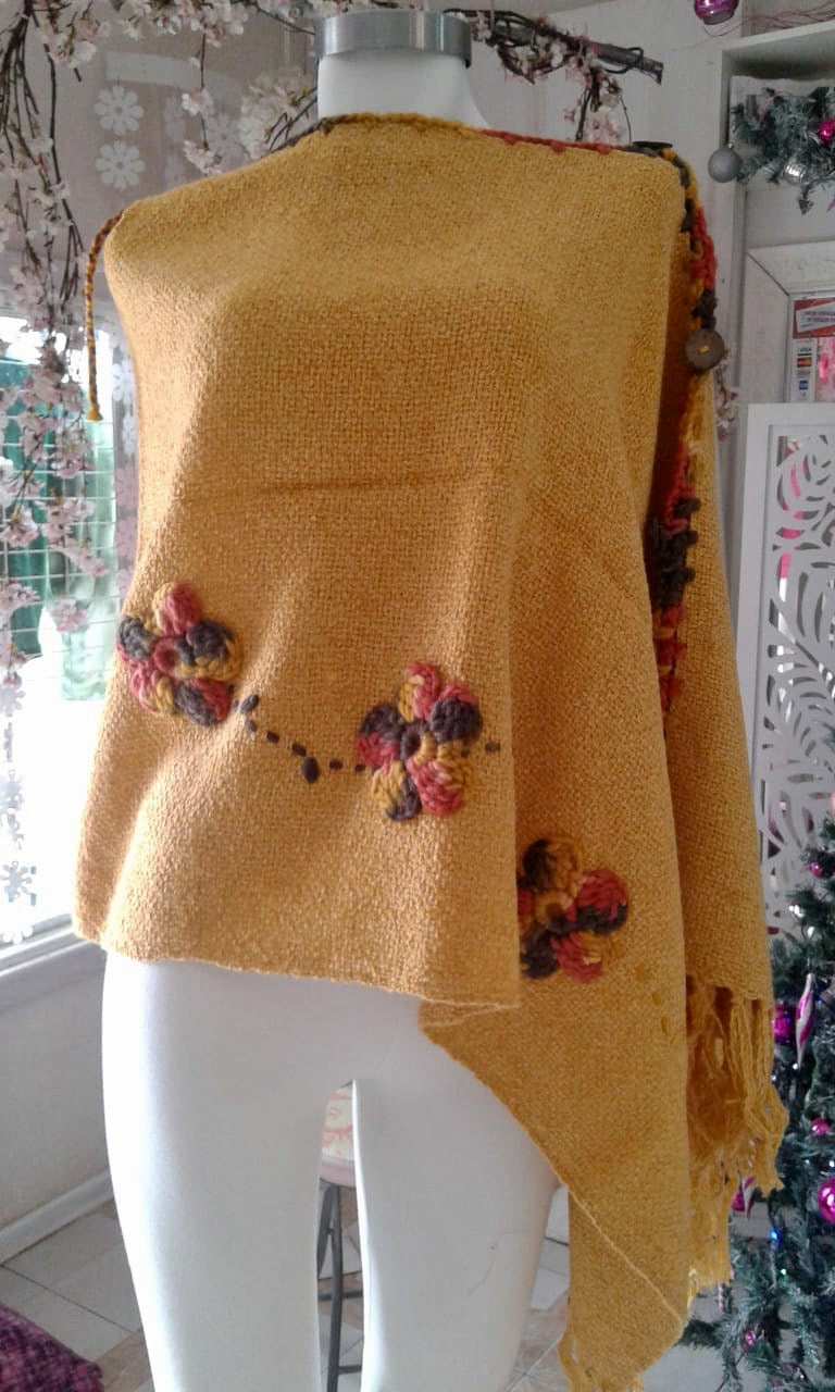 Embroidered Flowers Poncho with Fringes