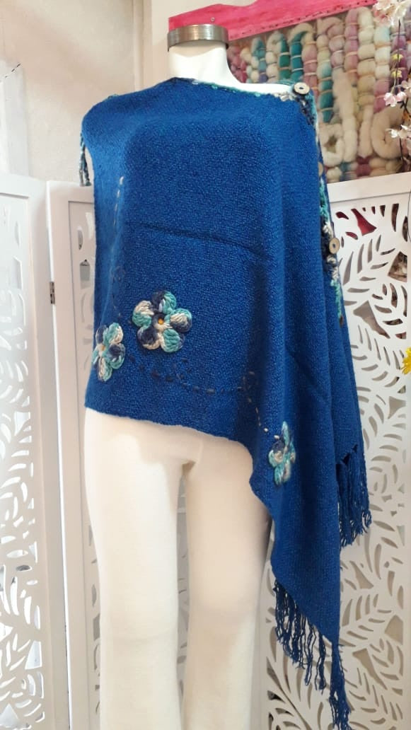 Embroidered Flowers Poncho with Fringes