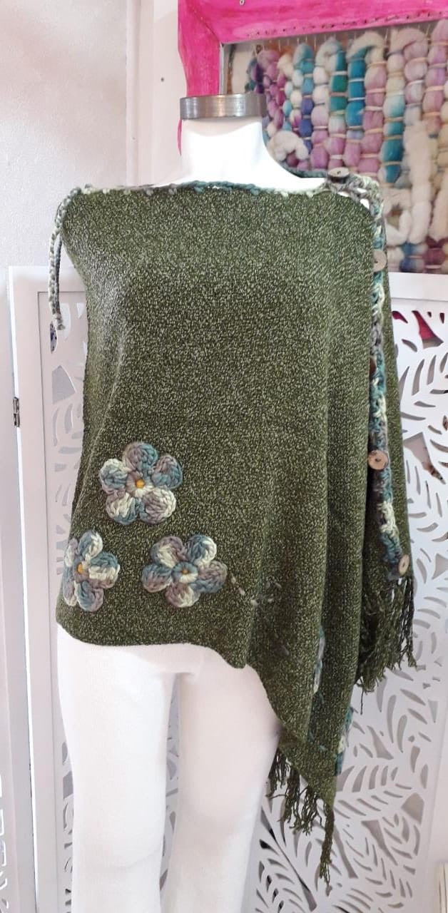 Embroidered Flowers Poncho with Fringes