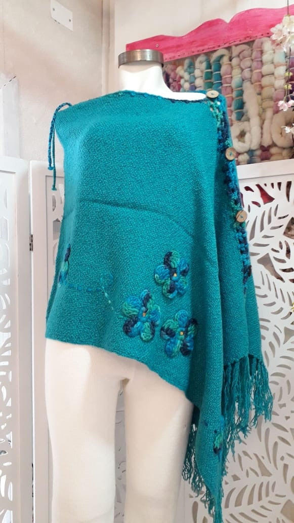 Embroidered Flowers Poncho with Fringes