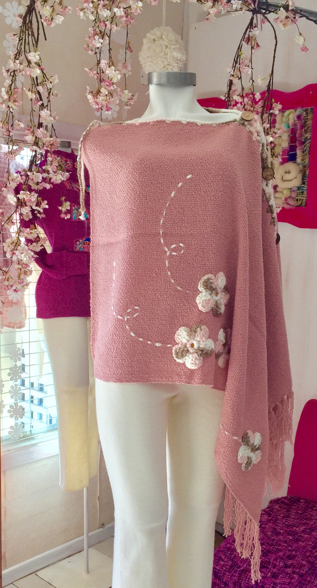 Embroidered Flowers Poncho with Fringes