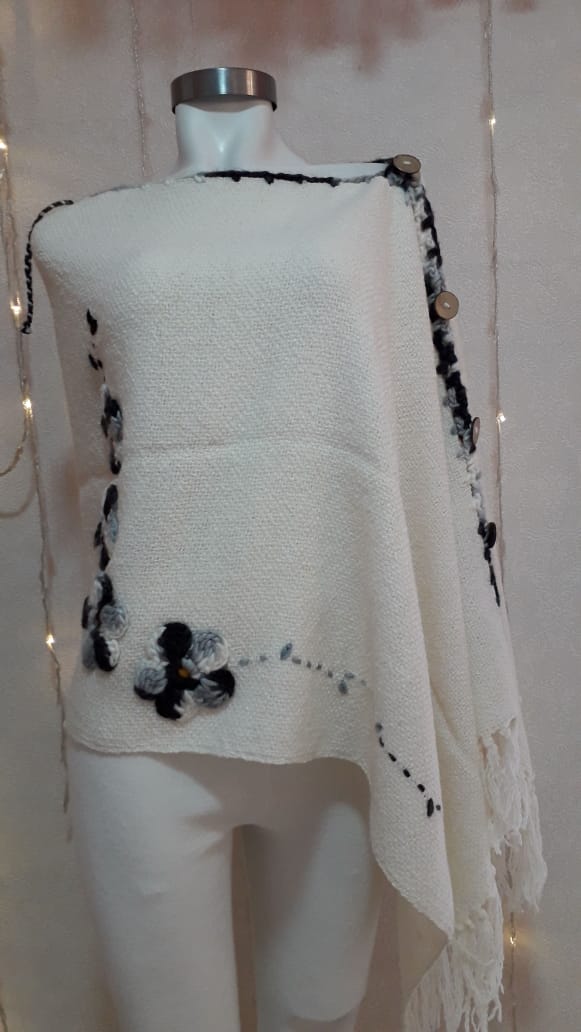 Embroidered Flowers Poncho with Fringes